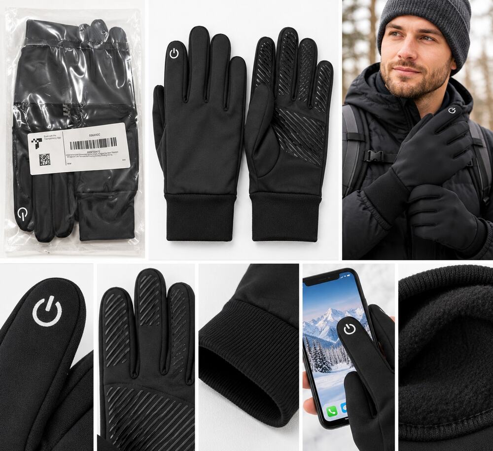 Men’s Black Winter Waterproof Touchscreen Gloves – Size Medium – New